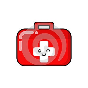 Medicine first aid kit patch, badge, stickers logo. Cute funny pharmacy cartoon character icon in asian japanese kawaii. Vector