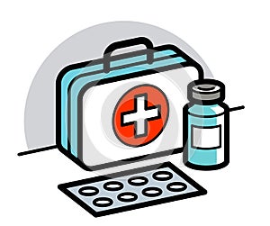 Medicine first aid medical kit theme pills and bottles 3d vector illustration isolated, medicaments and drugs, health care meds