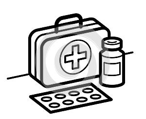 Medicine first aid medical kit theme pills and bottles 3d vector illustration isolated, medicaments and drugs, health care meds