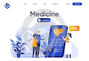 Medicine flat landing page. Cardiology patients getting result of laboratory analysis vector illustration. Mobile
