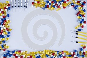 Medicine frame, Close up of Pills, Tablets, Capsule, Medical background