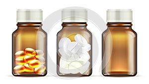 Medicine glass bottles. Realistic pills bottle. Isolated transparent medication packaging vector mockup