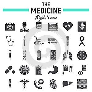 Medicine glyph icon set, medical signs collection