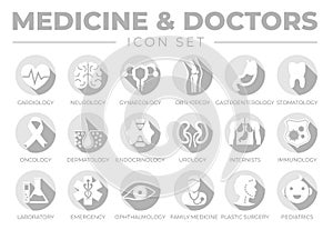 Medicine Gray Flat Icon Set of Cardiology, Neurology, Gynecology, Orthopedy, Gastroenterology, Stomatology,Oncology, Dermatology, photo