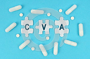 On a blue background, there are pills and puzzles with the inscription - CVA photo