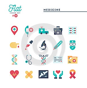 Medicine, health care, emergency, pharmacology and more, flat icons set