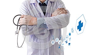 Medicine health care professional doctor hand working with mode