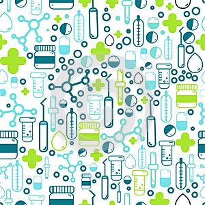 Medicine Health care seamless pattern with outline pharmacy signs including pills, vitamins. Vector illustration