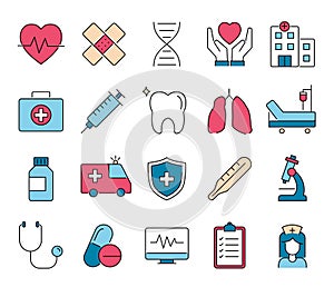 Medicine and health colorful linear icon set. clinic hospital outline symbol collection. Pharmacy and treatment concept. isolated