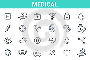 Medicine health icons on isplated background. Medicine and health care icons set. Medical symbols collection. Vector illustration