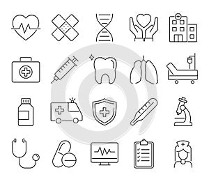 Medicine and health linear icon set. clinic hospital outline symbol collection. Pharmacy and treatment concept. isolated on white