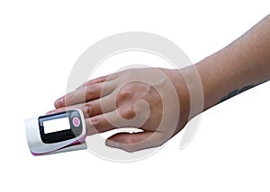 Medicine and health. Oximeter in woman's hand