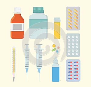 Medicine health set collection with various shape and model with syringe and pills capsule - 