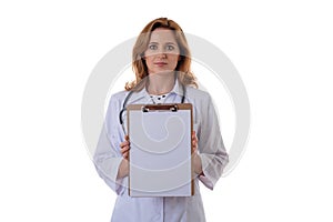 Medicine, healthcare, charity and people concept - smiling female doctornurse showing empty blank clipboard sign with copy space