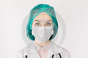 Medicine and healthcare concept. Close up portrait of Caucasian female doctor, nurse, lab worker or scientist in