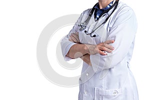 Medicine and healthcare concept. Doctor with stethoscope in clinic, close-up