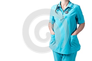 Medicine and healthcare concept. Doctor with stethoscope in clinic, close-up