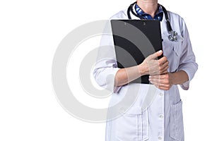 Medicine and healthcare concept. Doctor with stethoscope in clinic, close-up