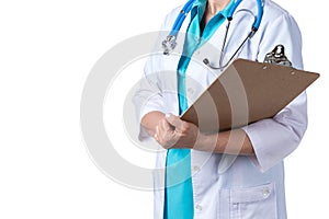 Medicine and healthcare concept. Doctor with stethoscope in clinic, close-up