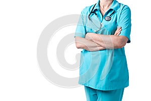 Medicine and healthcare concept. Doctor with stethoscope in clinic, close-up