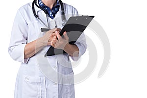 Medicine and healthcare concept. Doctor with stethoscope in clinic, close-up