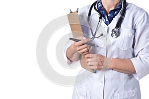 Medicine and healthcare concept. Doctor with stethoscope in clinic, close-up