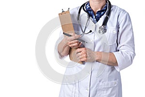 Medicine and healthcare concept. Doctor with stethoscope in clinic, close-up