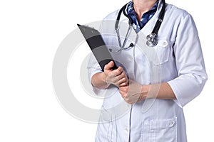 Medicine and healthcare concept. Doctor with stethoscope in clinic, close-up