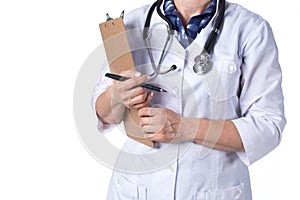 Medicine and healthcare concept. Doctor with stethoscope in clinic, close-up