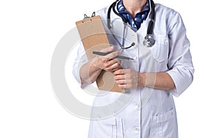 Medicine and healthcare concept. Doctor with stethoscope in clinic, close-up