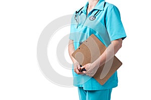 Medicine and healthcare concept. Doctor with stethoscope in clinic, close-up