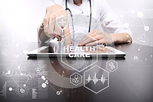 Medicine and healthcare concept. Medical doctor working with modern pc. Electronic health record. EHR, EMR.