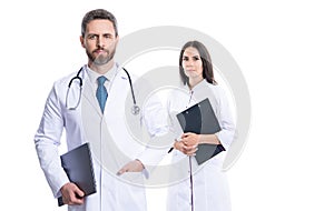 medicine and healthcare. doctor at hospital. doctor hold medical prescription. doctor internist with clipboard isolated photo
