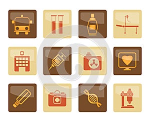 Medicine and healthcare icons over brown background