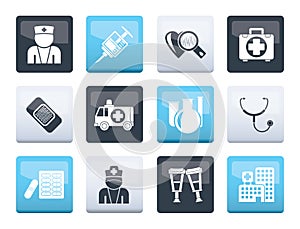 Medicine and healthcare icons over color background