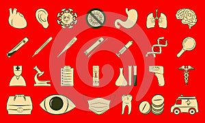 Medicine and Heath Care. Large set of icons for design of web page or website. Isolated on red background. Includes coronavirus