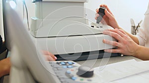 Medicine high technology - optometrist equipment in use - generic eye scanner machine