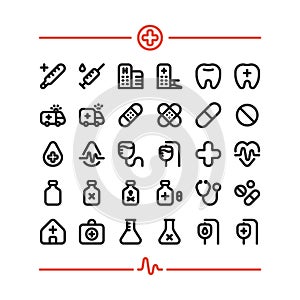 Medicine Hospital First Aid Health 32 Vector Icons Set