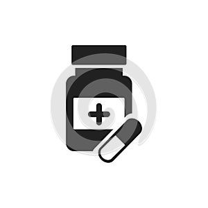 Medicine icon isolated on white background. Healthy symbol. Bottle with pill. Medicament and capsule