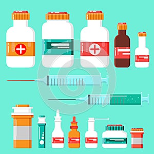 Medicine Icon Set. Medicine bottles with labels, stethoscope, bottles for drugs, tablets, capsules, prescriptions, vitamins etc