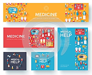 Medicine information cards set. Medical template of flyear, magazines, posters, book cover. Clinical infographic concept on