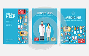 Medicine information cards set. Medical template of flyear, magazines, posters, book cover. Clinical infographic concept