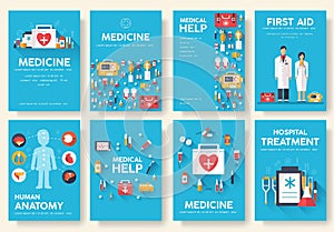 Medicine information cards set. Medical template of flyear, magazines, posters, book cover. Clinical infographic concept on blue