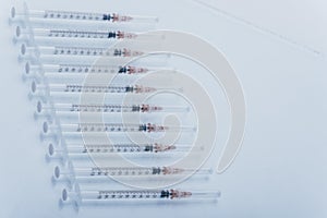 Medicine, Injection, vaccine and disposable syringe isolated, drug concept. Sterile vial medical. Macro close up on