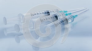 Medicine, Injection, vaccine and disposable syringe isolated, drug concept. Sterile vial medical. Macro close up on