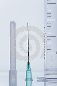 Medicine, Injection, vaccine and disposable syringe isolated, drug concept. Sterile vial medical. Macro close up on