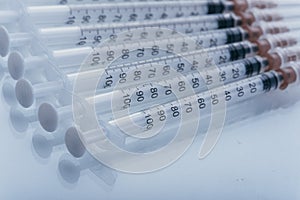 Medicine, Injection, vaccine and disposable syringe isolated, drug concept. Sterile vial medical. Macro close up on