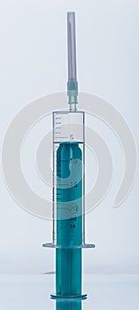 Medicine, Injection, vaccine and disposable syringe isolated, drug concept. Sterile vial medical. Macro close up on