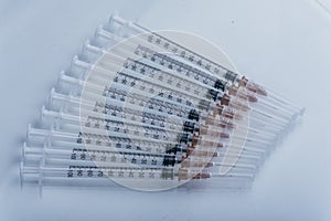 Medicine, Injection, vaccine and disposable syringe isolated, drug concept. Sterile vial medical. Macro close up on