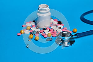 medicine jar treatment health care stethoscope blue background